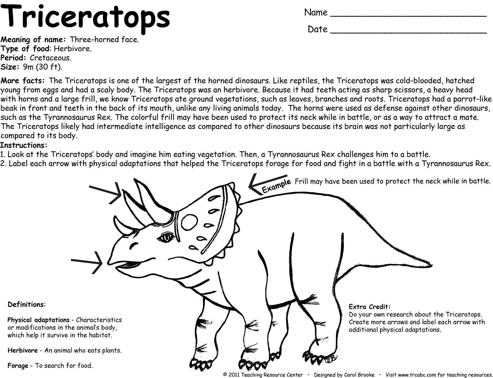 Dinosaur Facts and Coloring Page, Triceratops